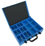 A metal case with empty 10 cm plastic trays